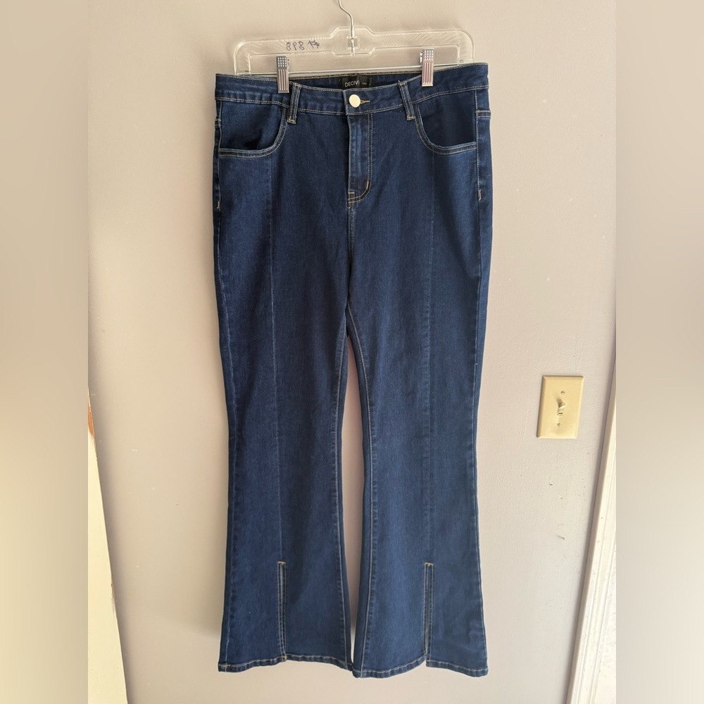 Decivi Women’s Flare Front Slit Bootcut Dark Wash Jeans SZ L High Rise Western